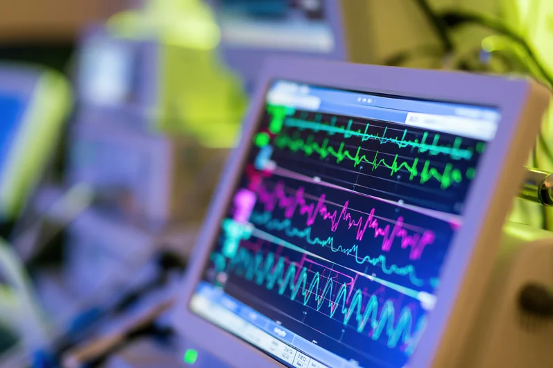Close-up of a hospital patient monitor screen displaying vital signs waveforms in a clinical setting