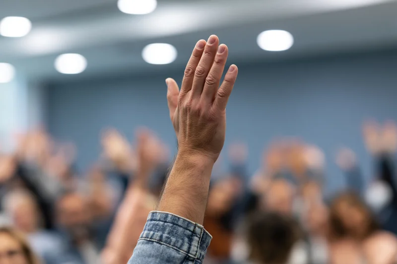 Raised hand in foreground during group meeting with audience in background