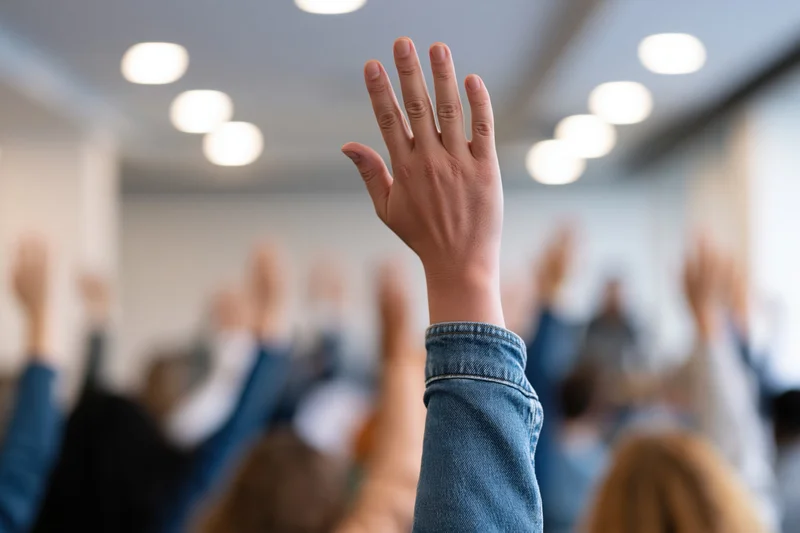 Raised hand in foreground with blurred group of students in classroom setting