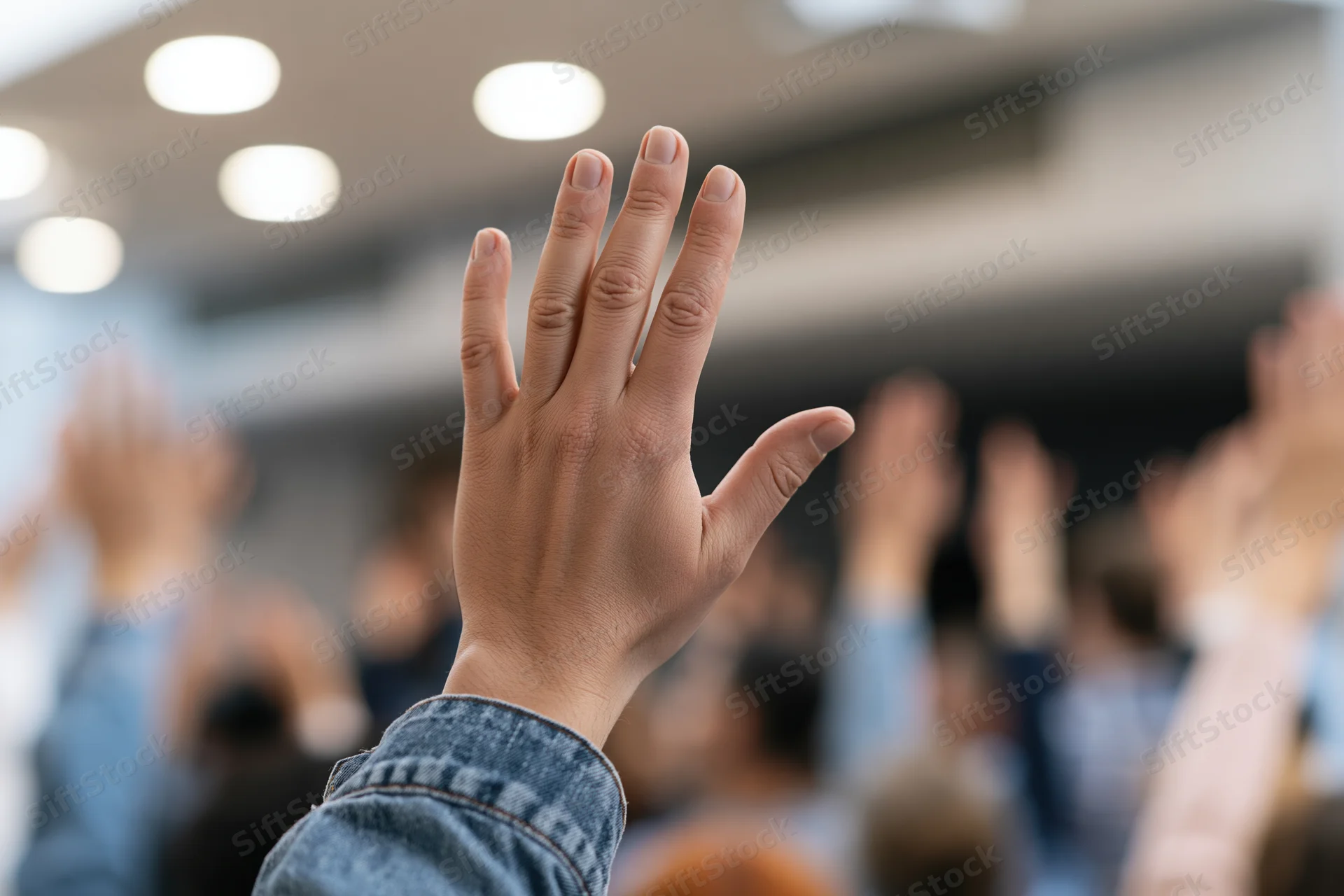 Raised hand in foreground with blurred group of students in classroom setting