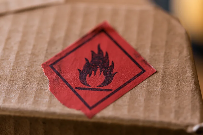 Red flammable hazard warning label on a cardboard box surface