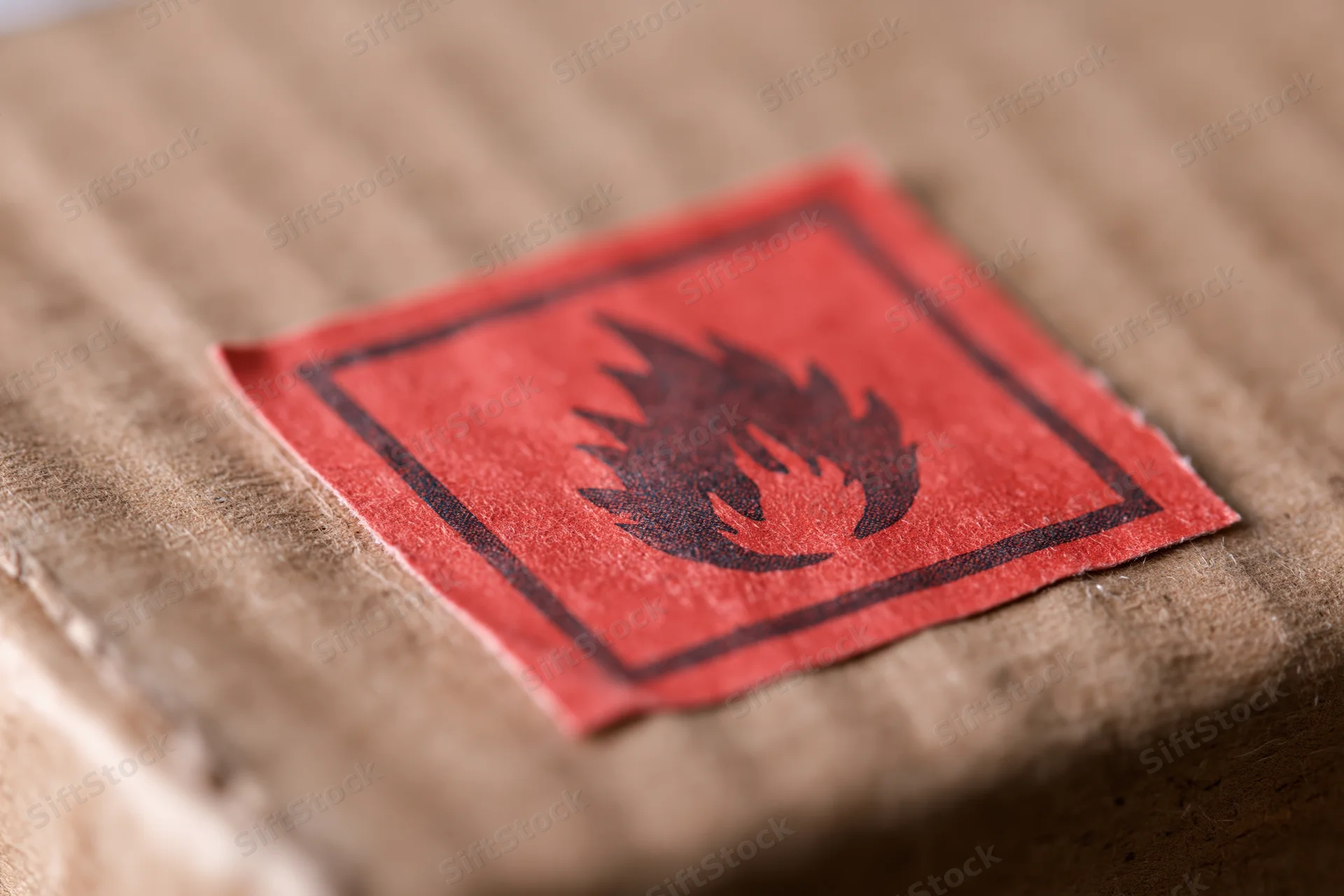 Red flammable hazard warning label affixed to a cardboard package