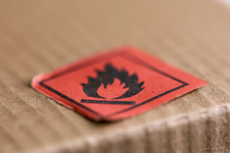 Red flammable hazard warning label affixed to a cardboard box surface