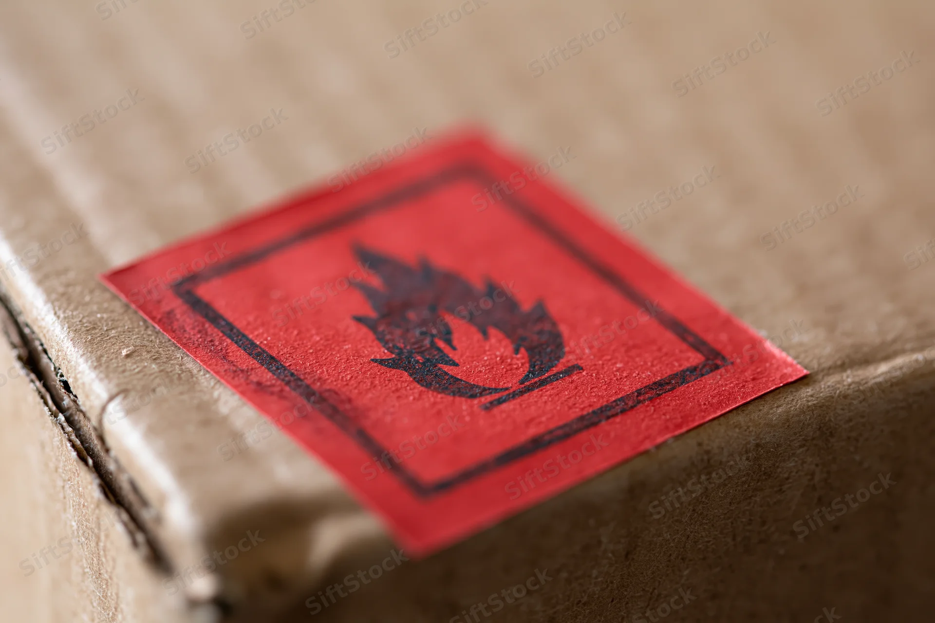 Red flammable hazard label on cardboard box corner