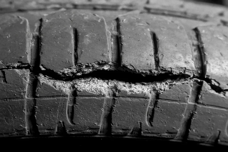 Close-up of worn tire tread with deep puncture and crack
