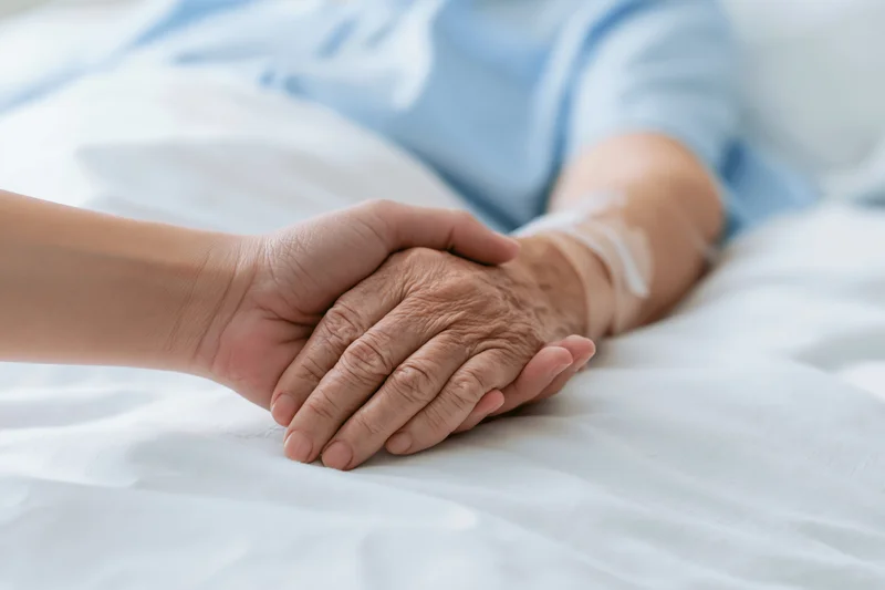 Younger person's hand gently holding elderly patient's hand on hospital bed