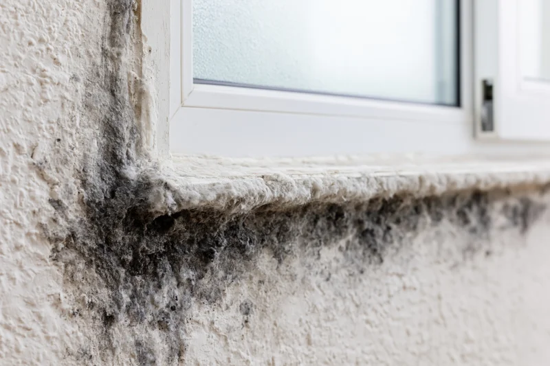 Black mold spreading along a window sill and textured wall interior
