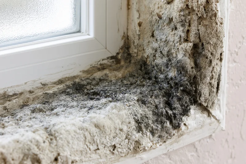 Black mold and moisture damage spreading across a window frame and wall corner in an indoor home setting
