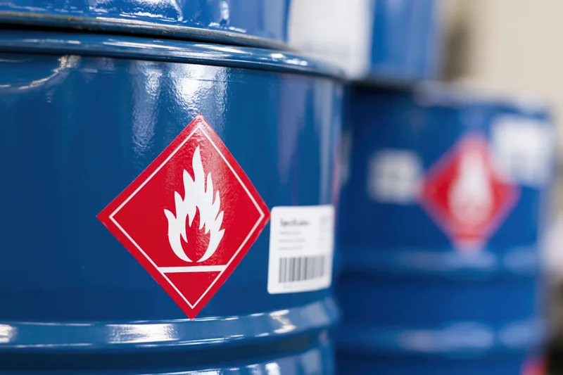 Blue industrial steel drums stacked with flammable hazard warning labels in a storage facility