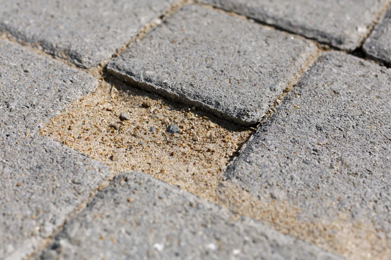 Damaged concrete brick pavement with missing tile and exposed sand joint