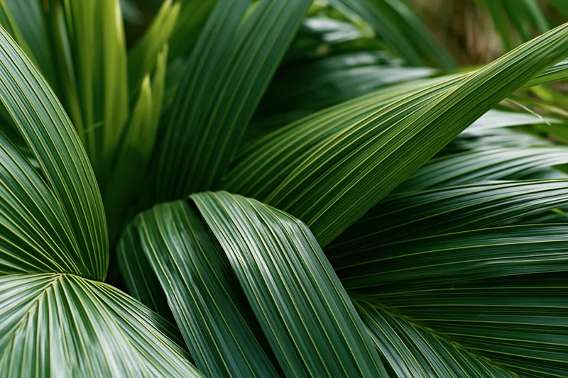 Close-up of overlapping tropical palm leaves filling the frame