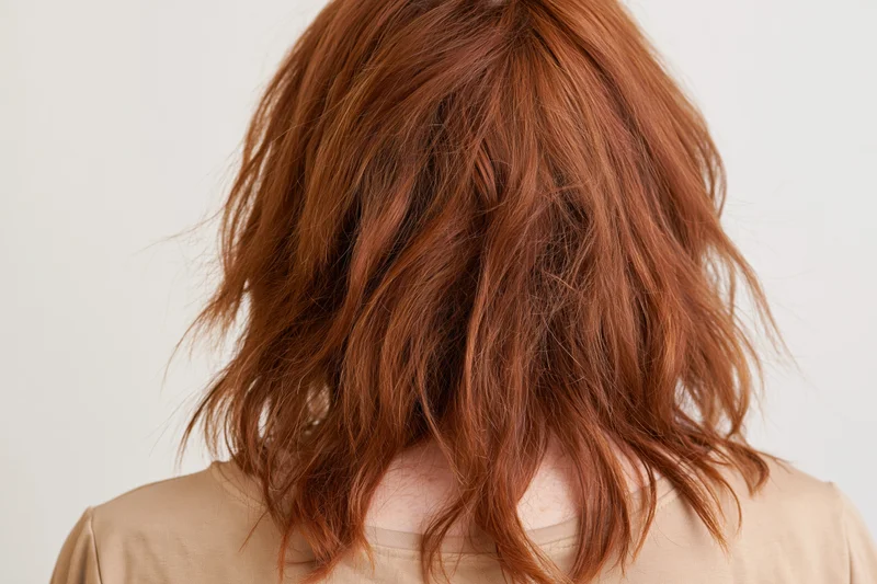 Back of a woman with dry frizzy wavy red hair, close-up view in studio setting
