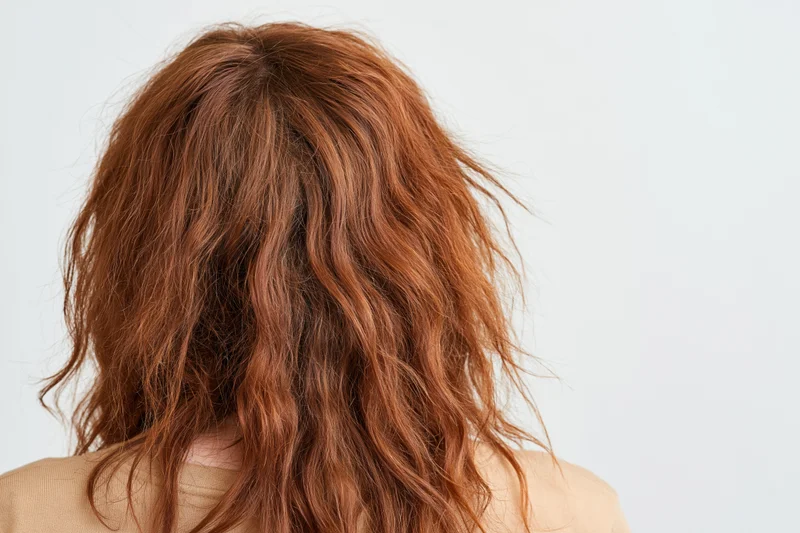 Back of a woman’s head with dry frizzy wavy red hair, close-up view