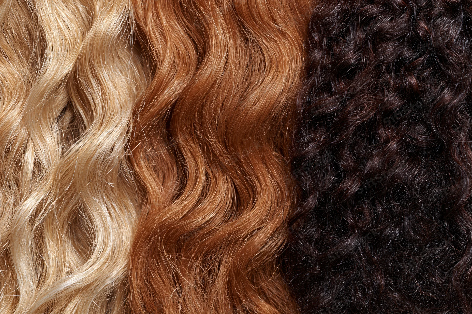 Three hair texture samples arranged side by side showing blonde wavy, brown wavy, and black curly hair