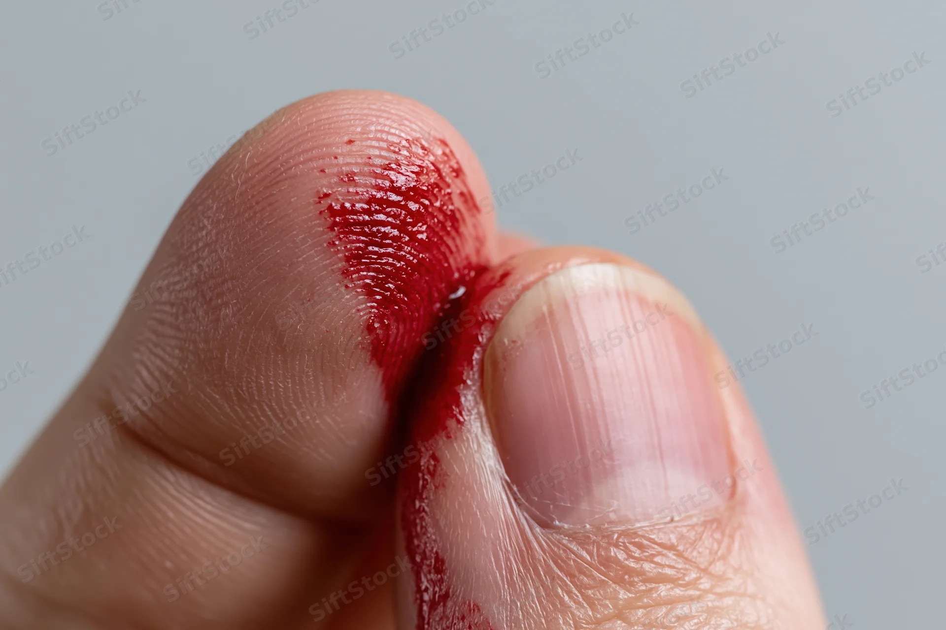 Close-up of a bleeding finger wound with visible skin texture and blood flow