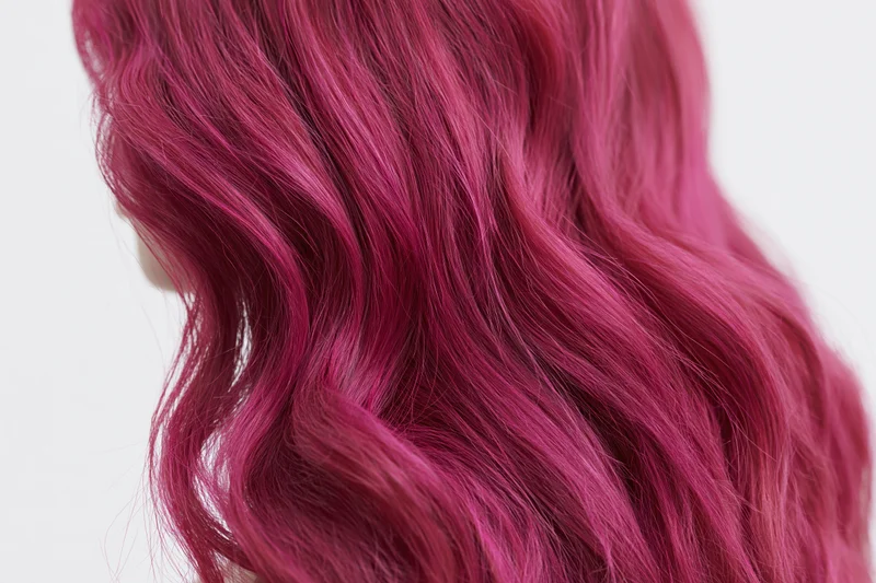 Close-up of wavy dyed magenta-pink hair flowing with volume against white background