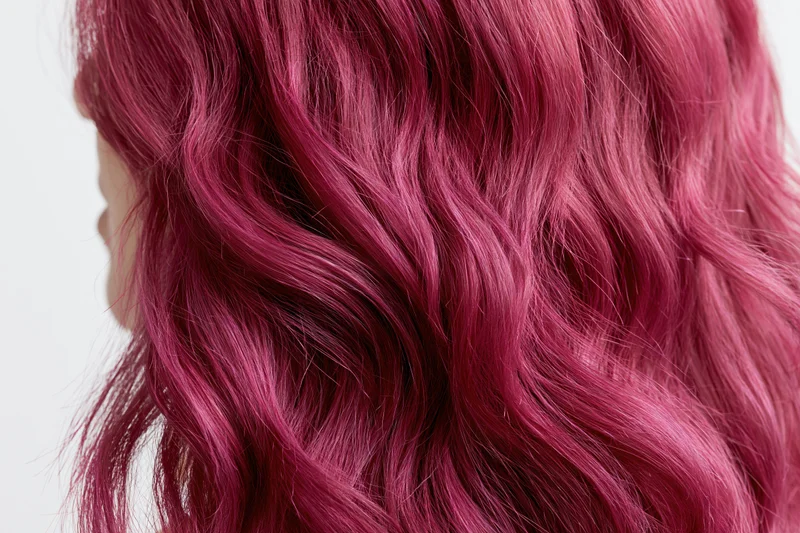 Close-up of wavy dyed magenta-pink hair flowing in loose volume on a woman