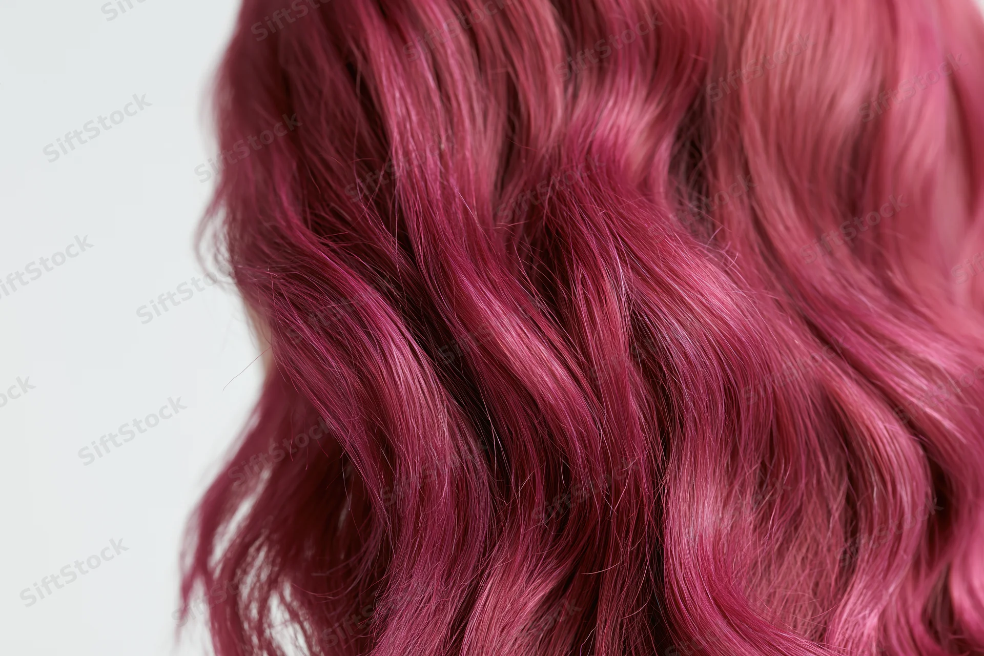 Close-up of wavy dyed magenta-pink hair flowing with volume against white background