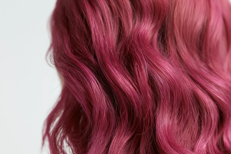 Close-up of wavy dyed magenta-pink hair flowing with volume against white background
