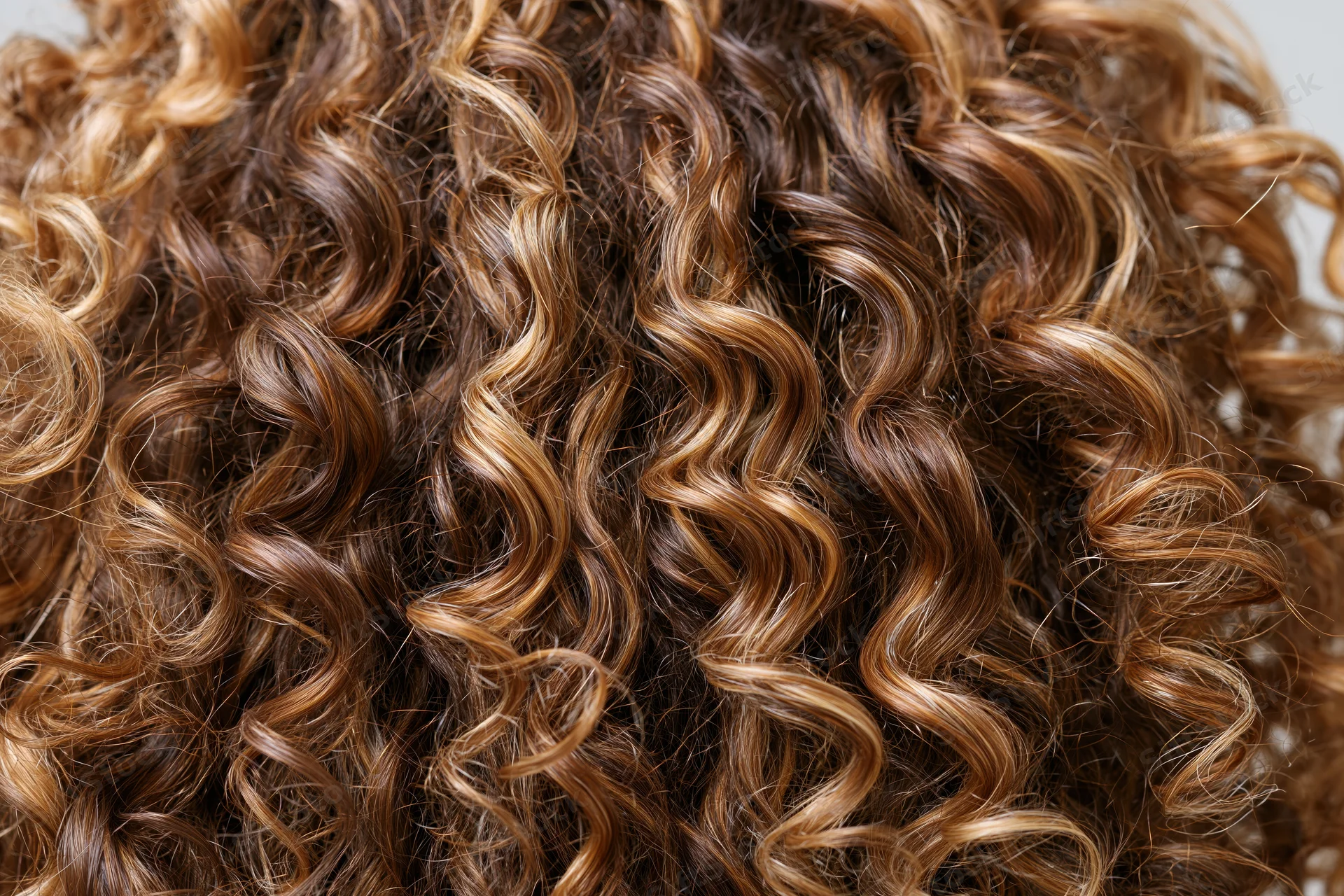 Close-up of thick curly hair with warm caramel highlights showing detailed texture and natural waves