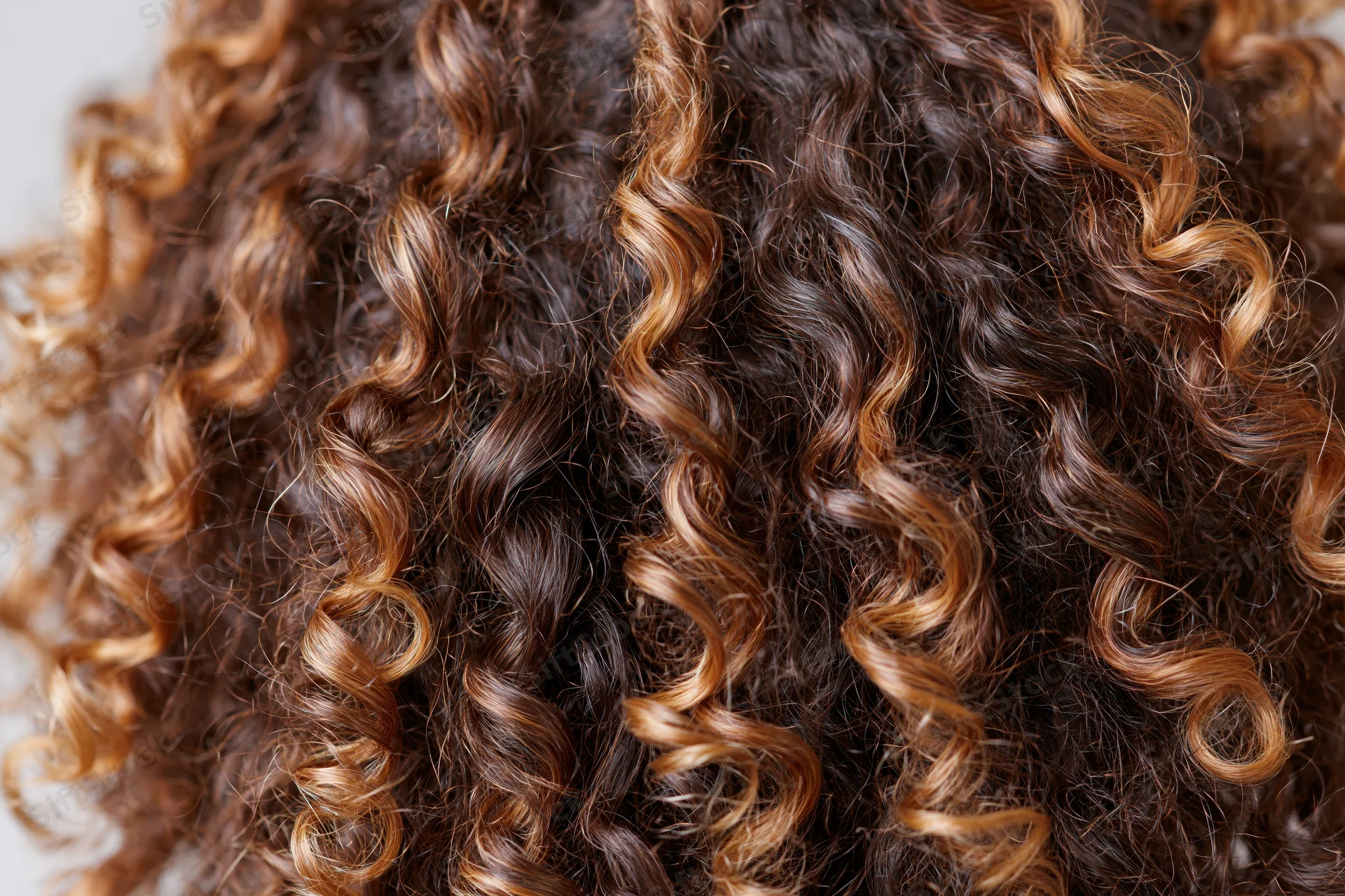 Close-up of thick curly hair with warm caramel highlights showing natural texture and volume