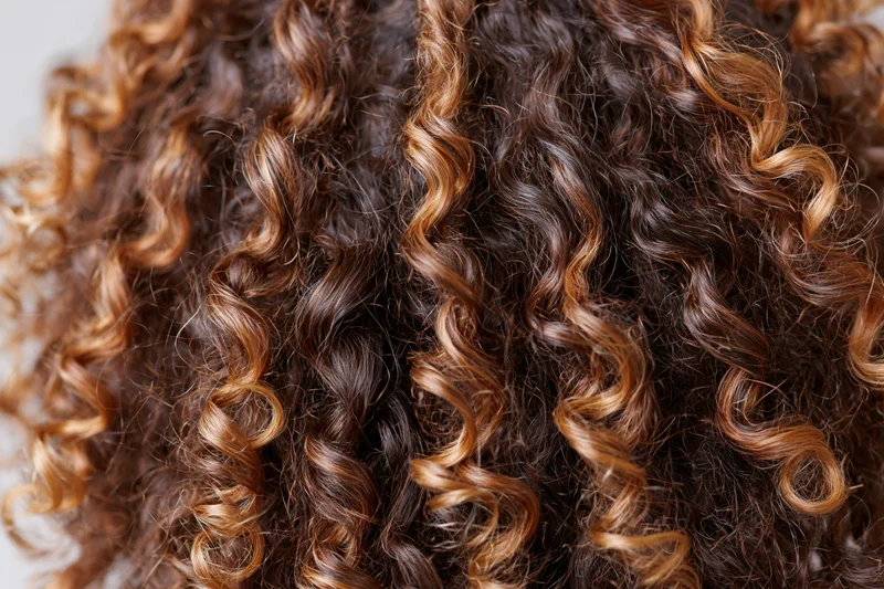 Close-up of thick curly hair with warm caramel highlights showing natural texture and volume