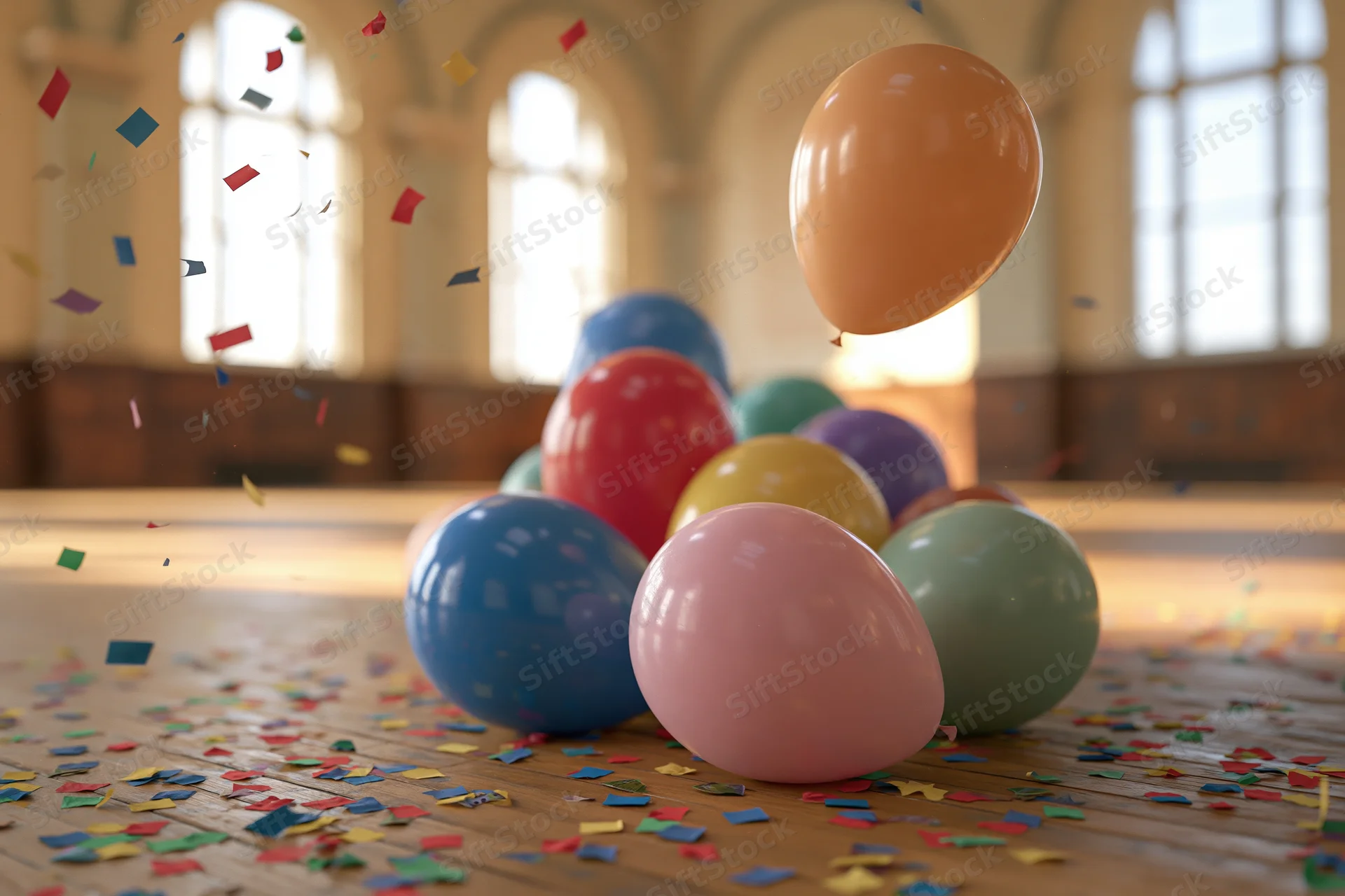 Colorful balloons and confetti on wooden floor in arched-windowed interior