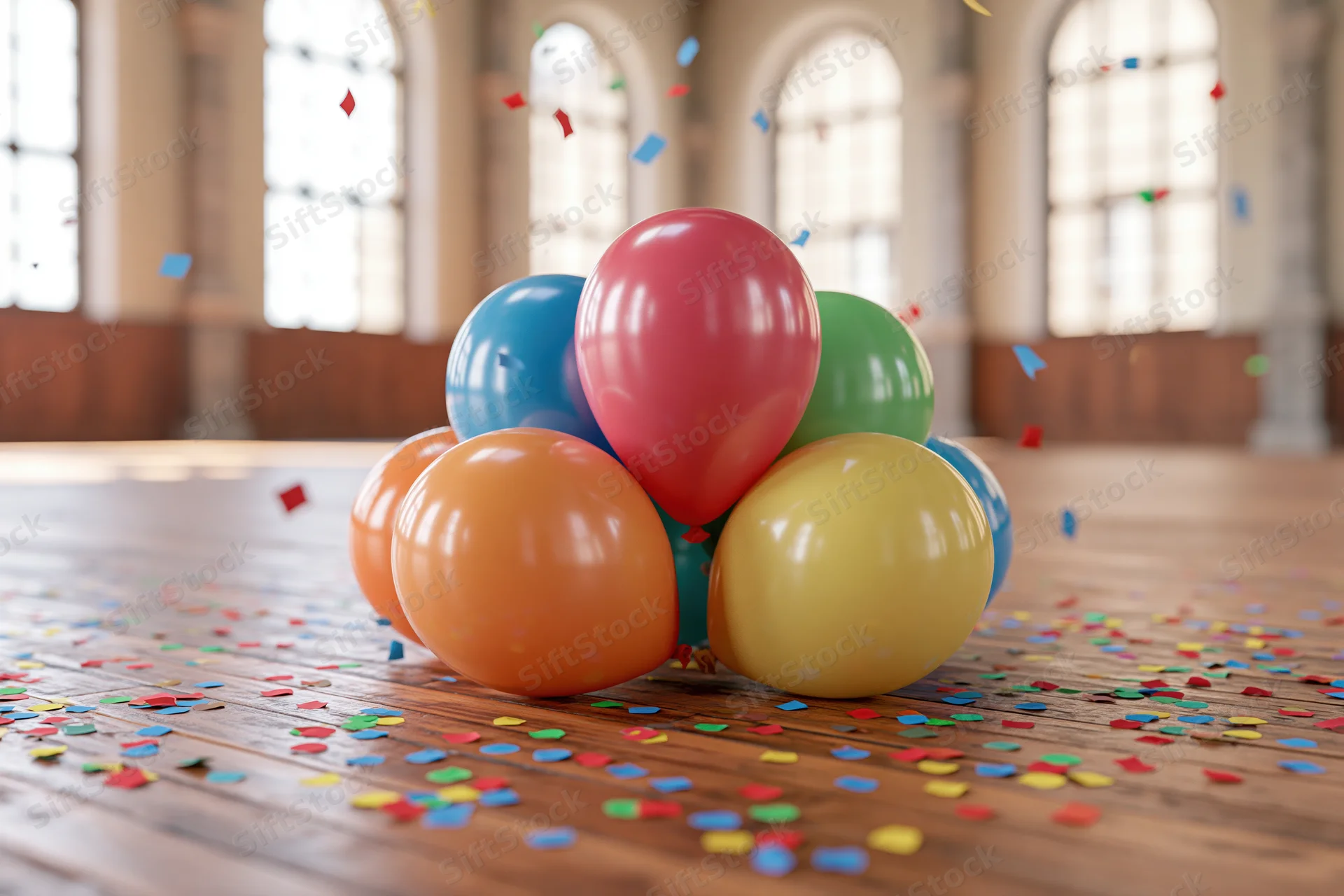 Cluster of colorful balloons resting on wooden floor with confetti scattered around in a bright room with arched windows