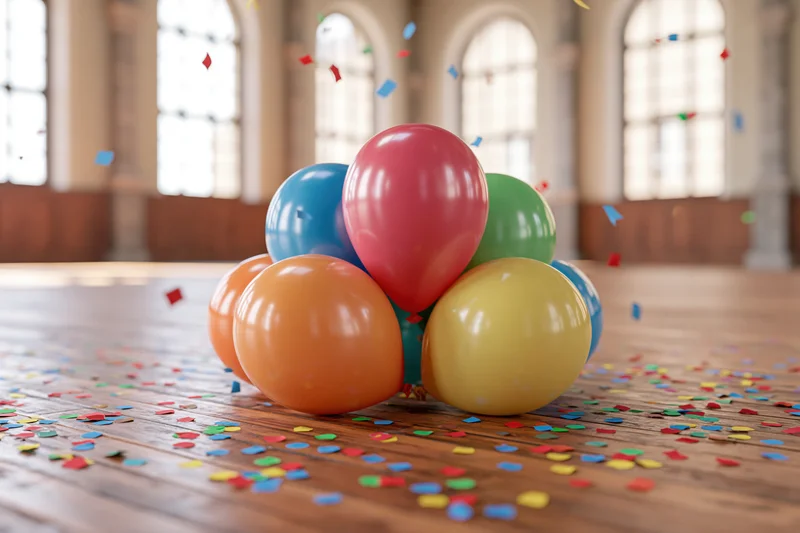 Cluster of colorful balloons resting on wooden floor with confetti scattered around in a bright room with arched windows