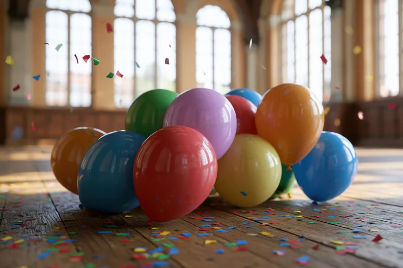 Colorful balloons clustered on wooden floor with confetti scattered around in a sunlit room