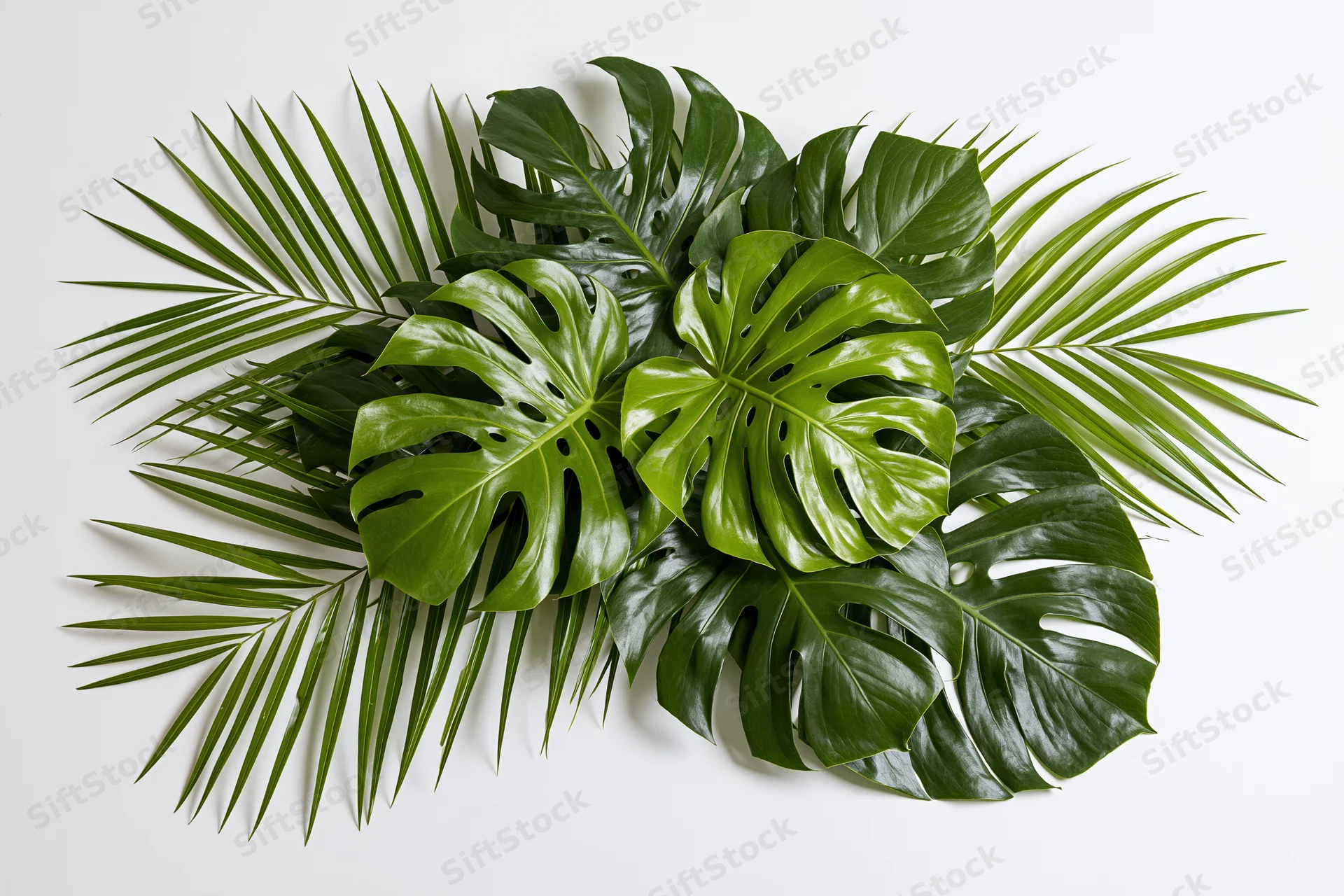 Cluster of monstera and palm leaves arranged on white background