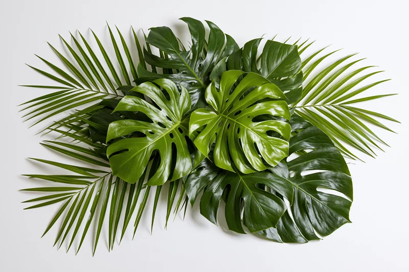 Cluster of monstera and palm leaves arranged on white background
