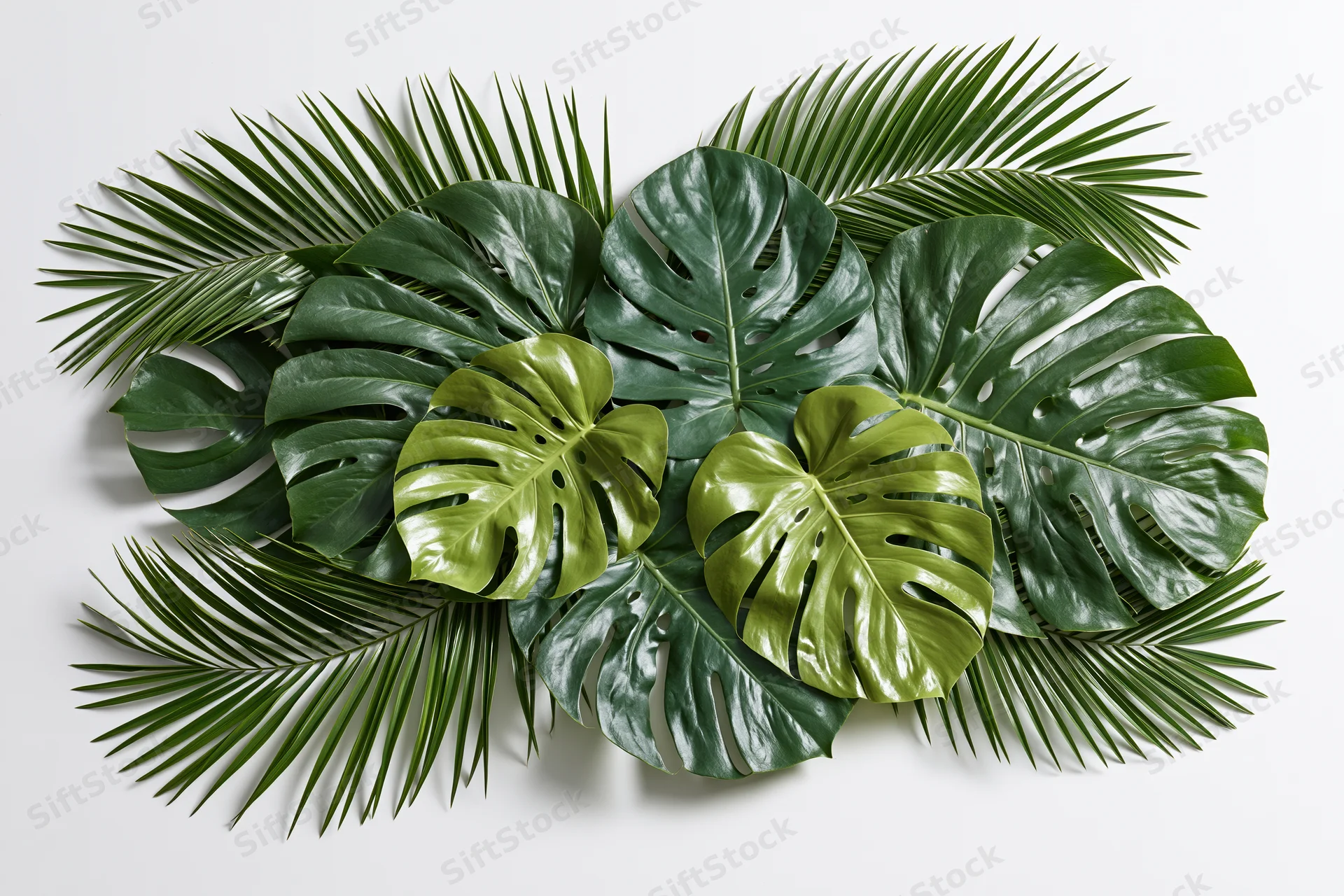 Cluster of tropical monstera and palm leaves arranged flat on white surface