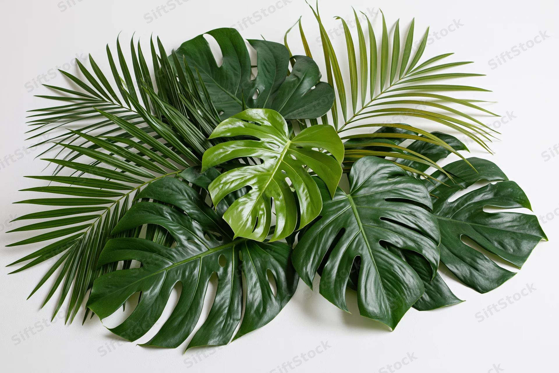 Cluster of tropical monstera and palm leaves arranged flat on white surface