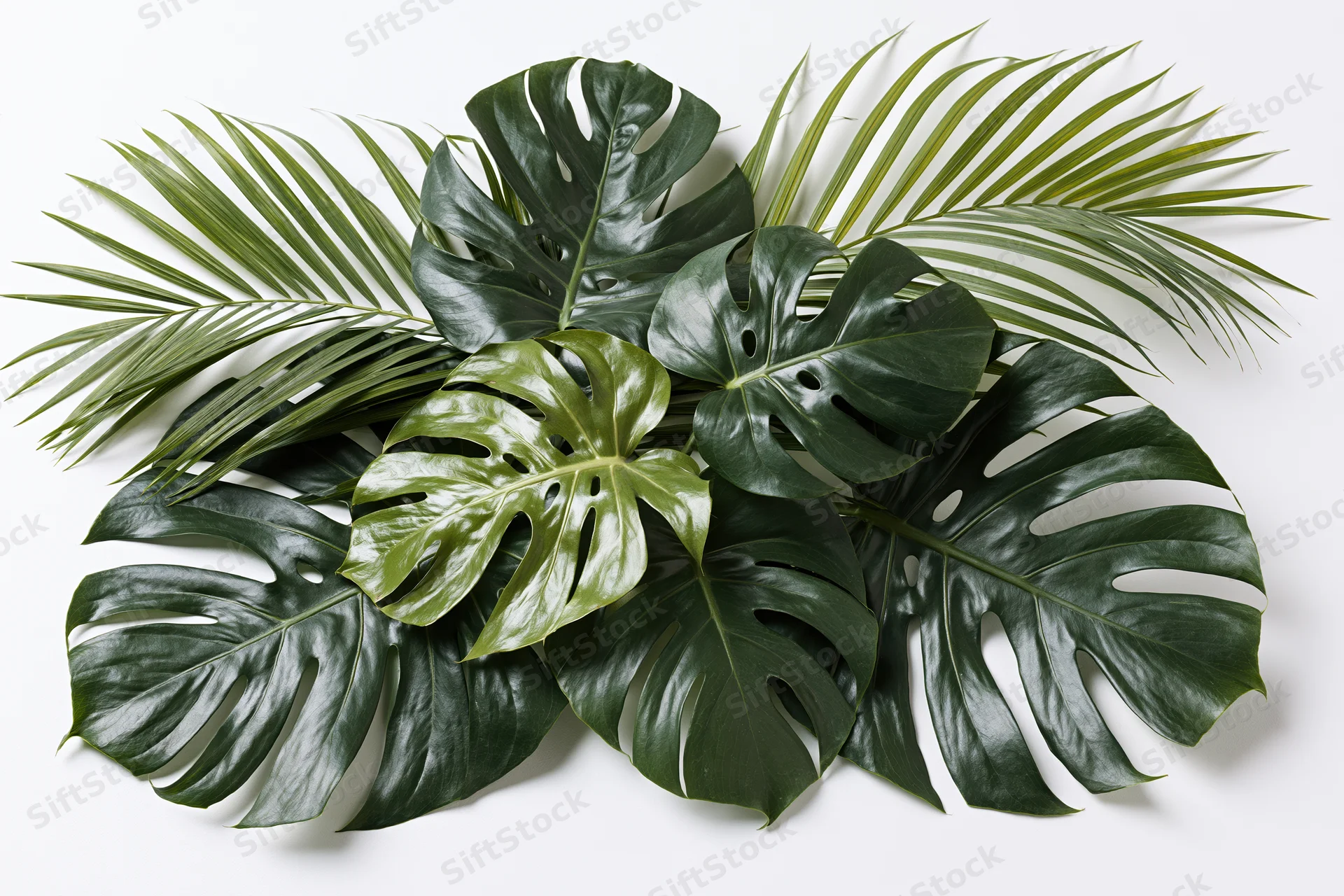 Cluster of monstera and palm leaves arranged flat on white surface