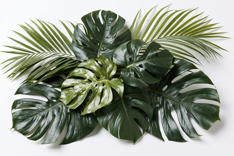Cluster of monstera and palm leaves arranged flat on white surface