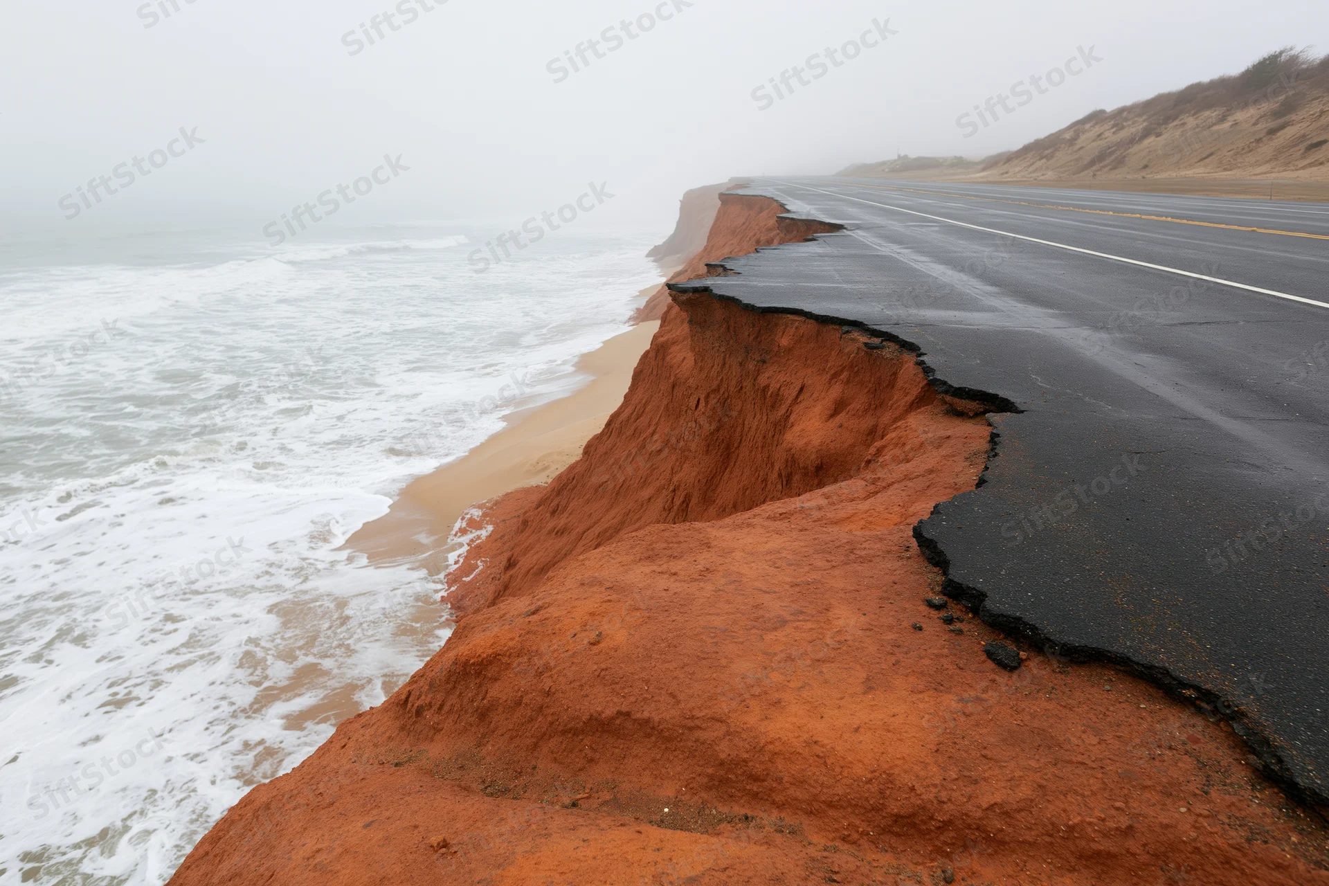 Coastal road eroded by ocean waves with asphalt edge collapsing into red cliff near shoreline