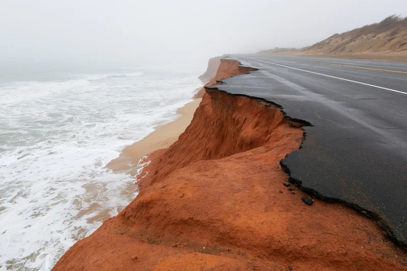 Coastal road eroded by ocean waves with asphalt edge collapsing into red cliff near shoreline
