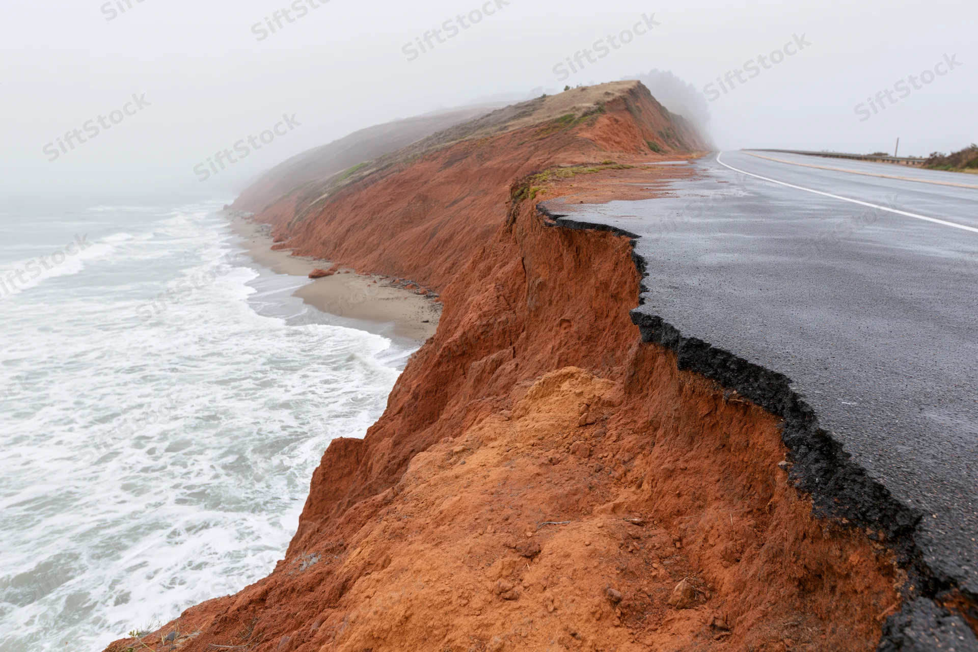 Coastal road with eroded cliff edge next to ocean waves under foggy sky