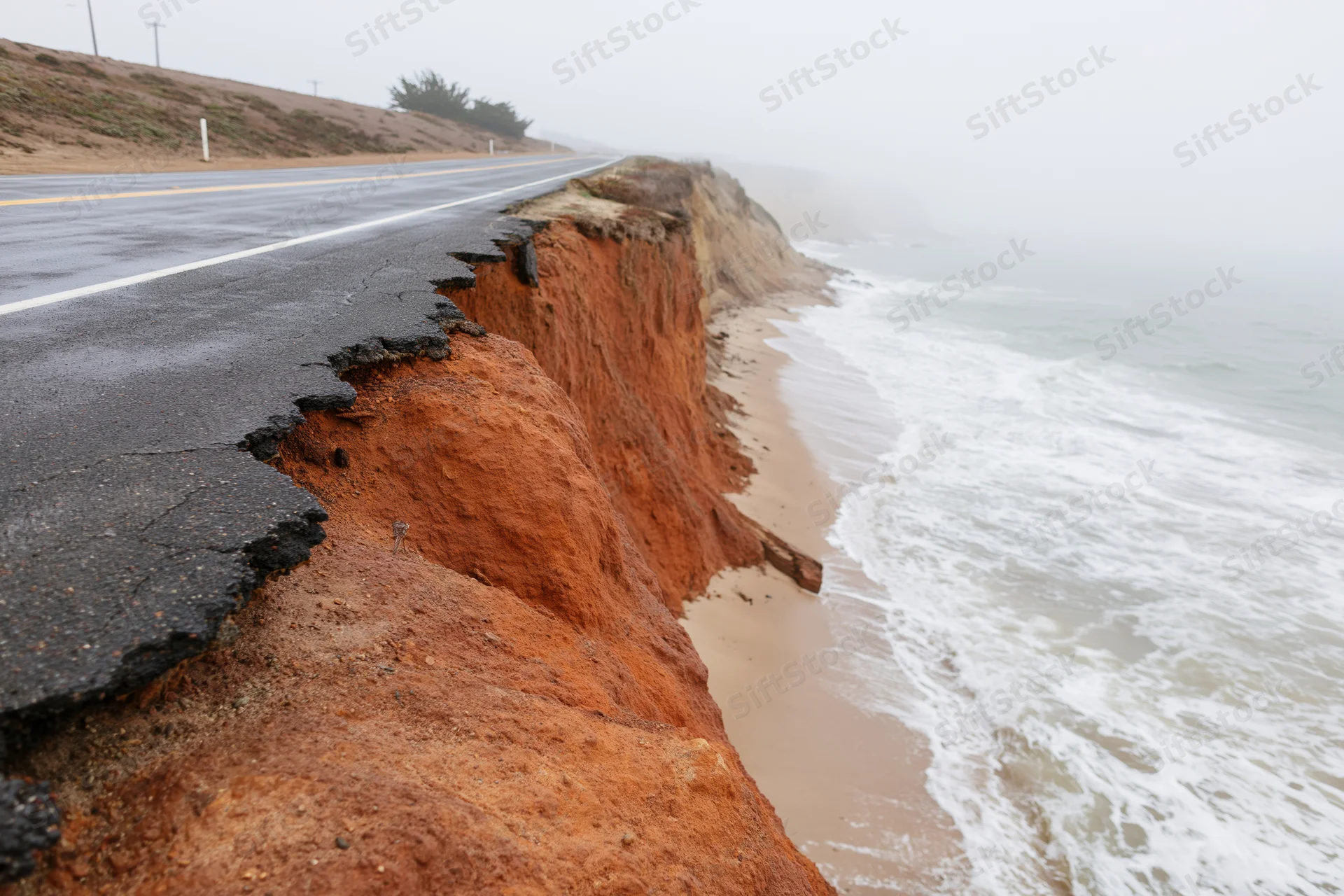 Coastal road damaged by erosion along ocean cliff with waves crashing below