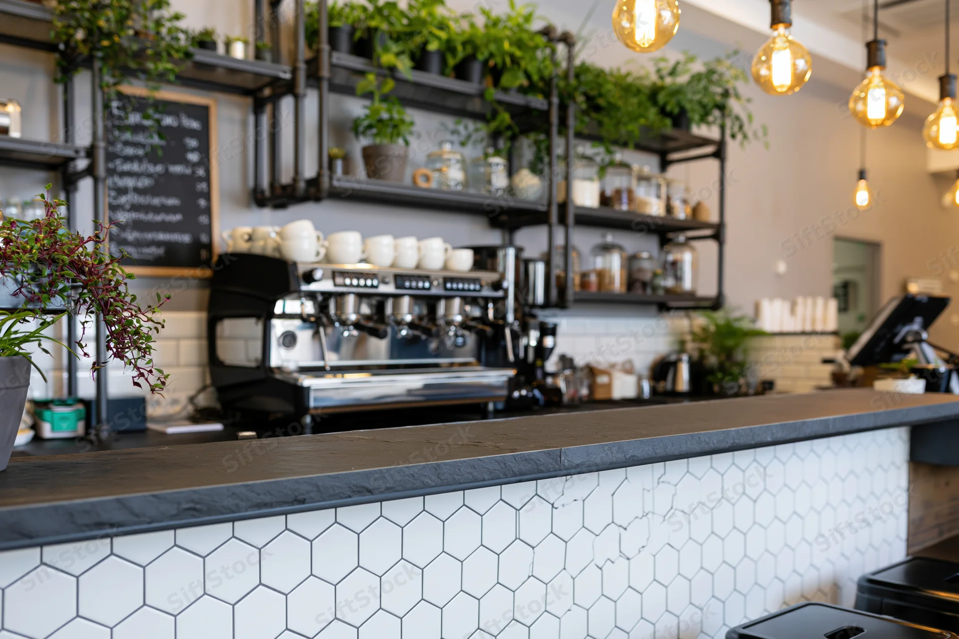 Coffee shop bar counter with commercial espresso machine and shelving displaying plants and glass jars