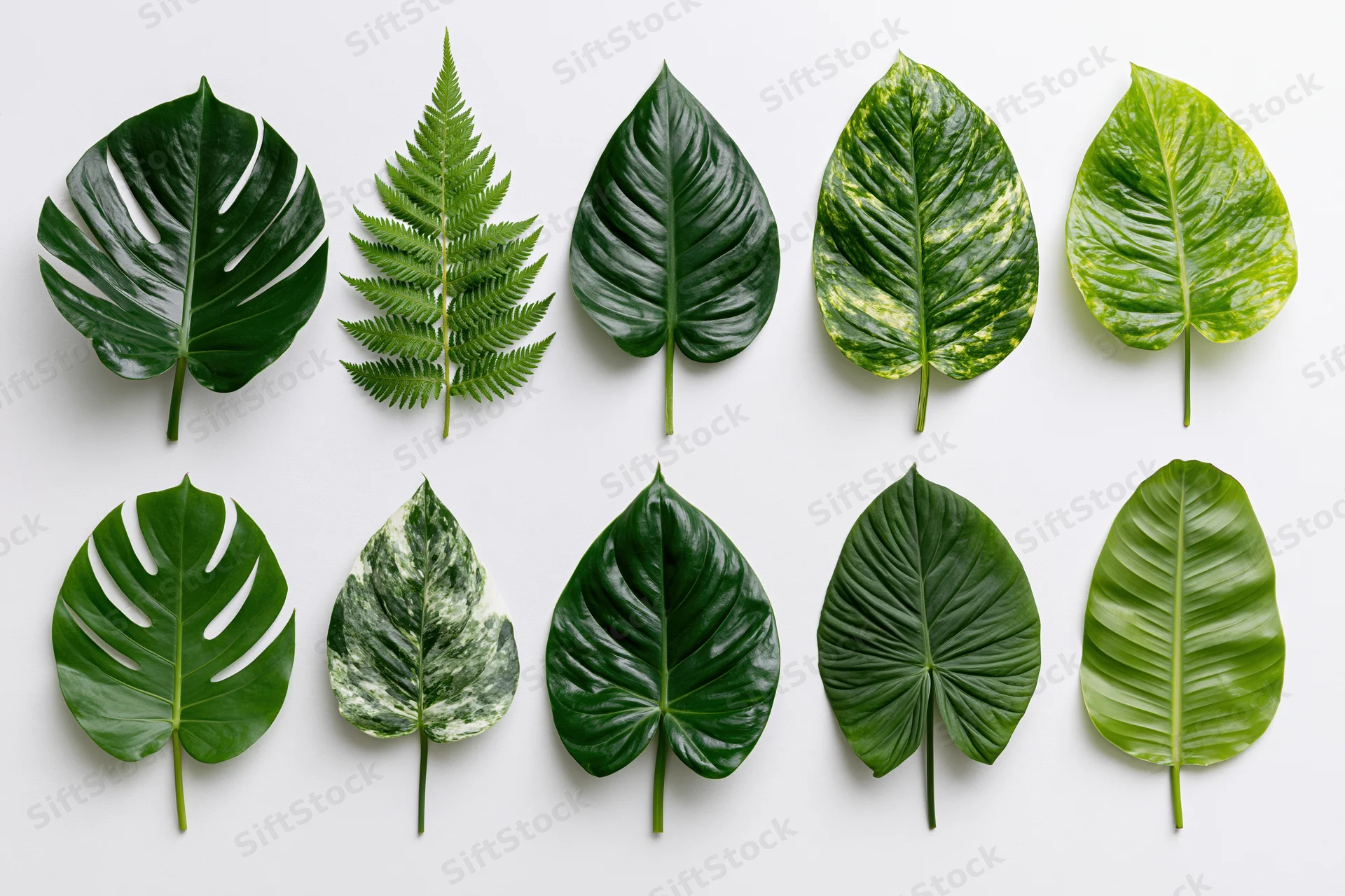 Nine tropical plant leaves arranged in two rows on white background