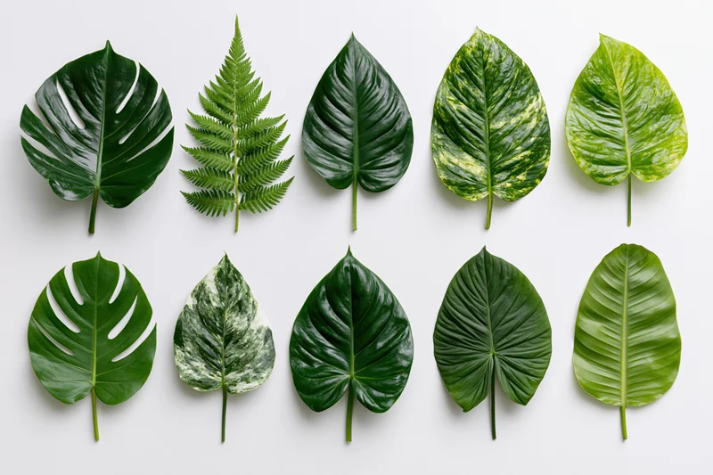 Nine tropical plant leaves arranged in two rows on white background