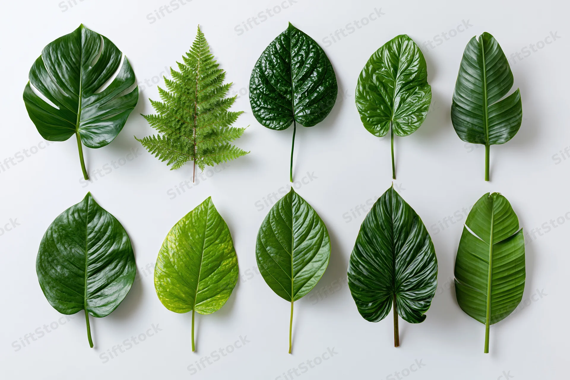 Nine tropical plant leaves arranged in two rows on white background