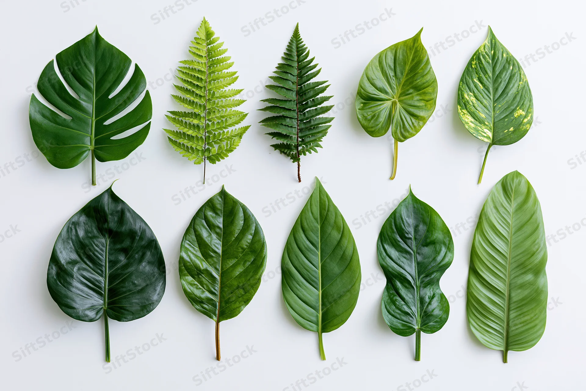 Nine tropical plant leaves arranged in two rows on white background