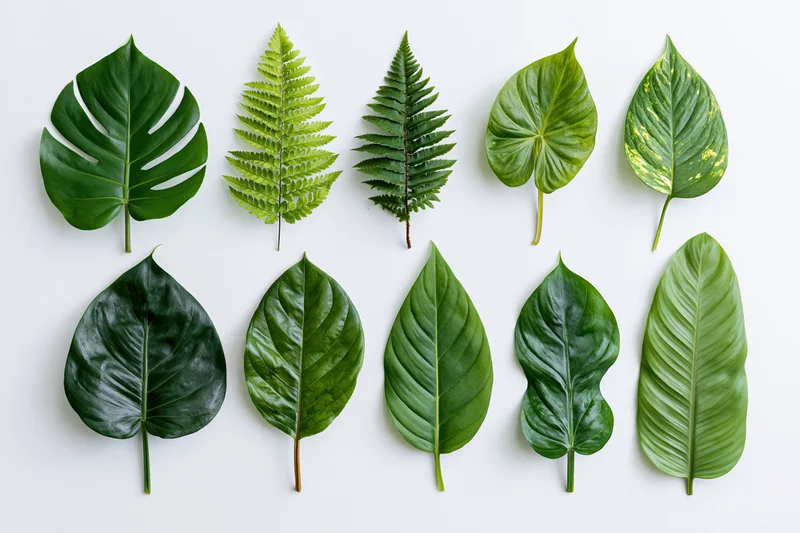 Nine tropical plant leaves arranged in two rows on white background