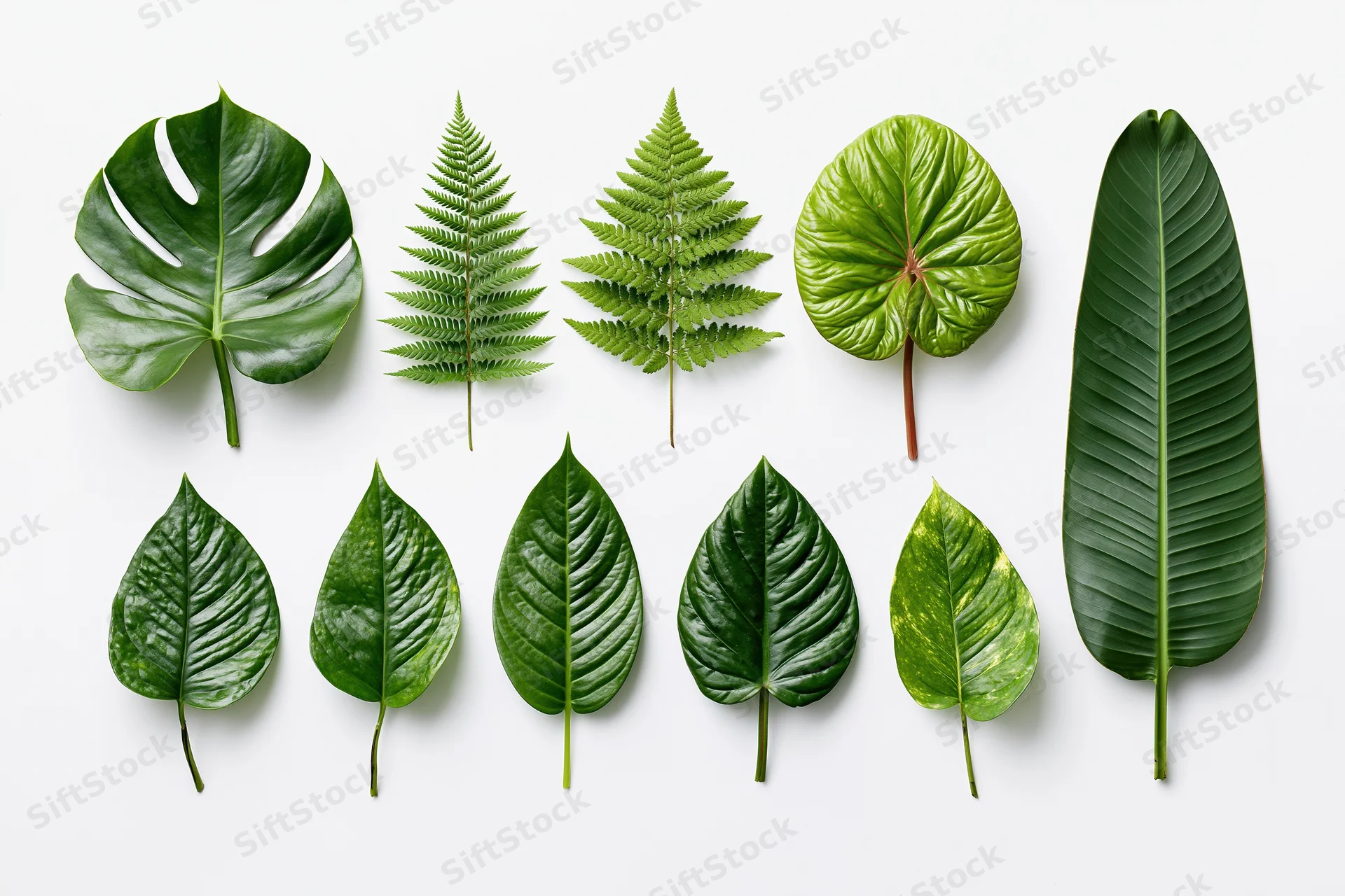 Nine tropical plant leaves arranged in two rows on white background