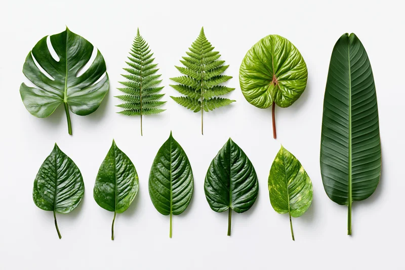 Nine tropical plant leaves arranged in two rows on white background