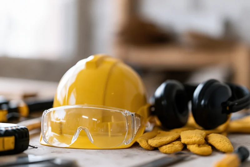 Yellow hardhat, safety goggles, earmuffs and gloves arranged on a wooden work table with tools