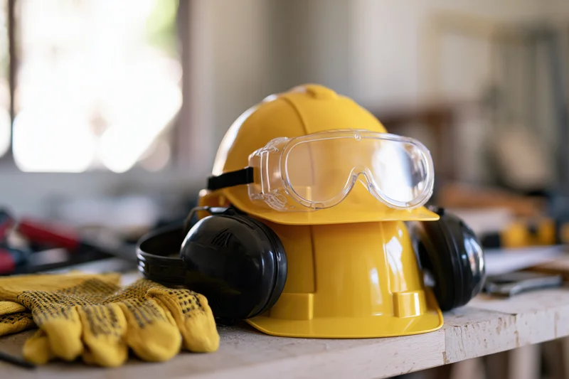 Yellow hard hat with safety goggles and ear protection resting on a wooden worktable beside gloves and tools